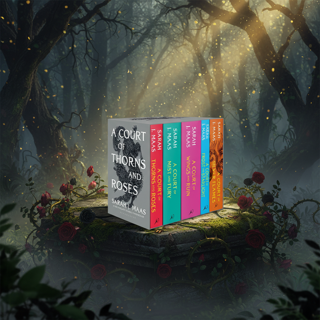 Book box set of 'A Court of Thorns and Roses' series by Sarah J. Maas, featuring six colorful book spines and a gray front cover with black dragon artwork, shown on a white background.